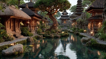Serene Traditional Asian Village with Wooden Houses and Reflective Water Pond at Sunset