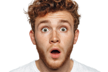 Shocked redhead man surprised expression face close up, isolated on a transparent background