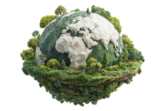Low poly Earth surrounded by lush greenery a vibrant ecosystem thriving on a floating island, isolated on a transparent background