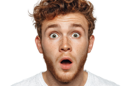 Shocked redhead man surprised expression face close up, isolated on a transparent background