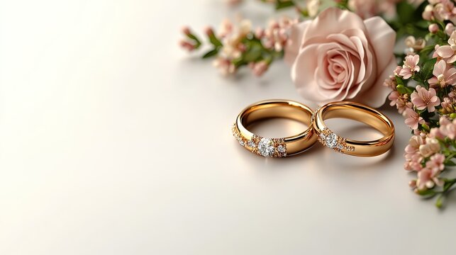 Romantic Wedding Invitation Template with Golden Rings and Pink Rose Minimalist Background, Banner Copy Space Vector Illustration, Pastel Isolated. - Powered by Adobe