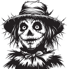Spooky Scarecrow Portrait: An eerie, high-contrast illustration of a scarecrow with a haunting grin and piercing eyes, perfect for Halloween-themed designs and projects.