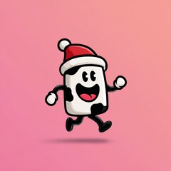 Happy cartoon marshmallow character in a Santa hat running joyfully against a pink background during the holiday season