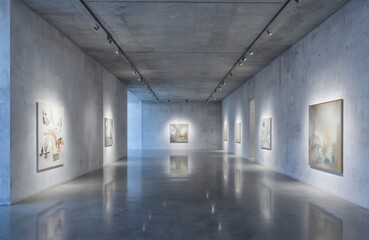 Obraz premium Modern art gallery with gallery wall of six paintings in two rows. Concrete ceiling with black lighting system. White artworks displayed on right side create balance with surrounding paintings.