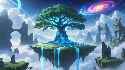 Epic mystical tree with blue energy amid ancient ruins and starry sky. Perfect for fantasy projects, animation scenes, and enchanting storytelling.


