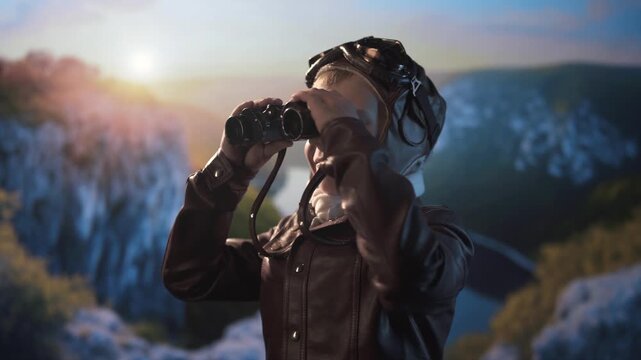 Child wearing a leather flight jacket and pilot cap gazes through binoculars at distant mountains in the warm evening light.