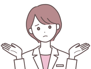 両手を広げて困困った表情の白衣の女性