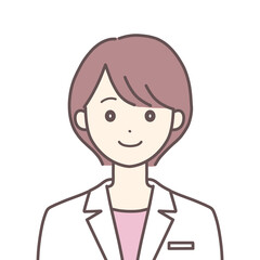 正面を向いた笑顔の白衣の女性（肌の色あり）