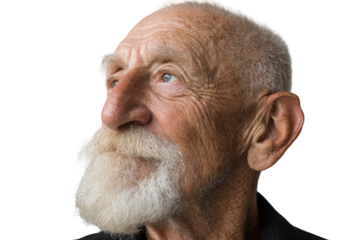Elderly man with white beard looking up thoughtful expression, isolated on a transparent background