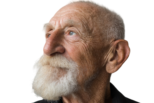 Elderly man with white beard looking up thoughtful expression, isolated on a transparent background