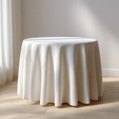 Elegant round table covered with a textured white tablecloth in a bright room with natural sunlight streaming through sheer curtains