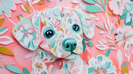 Dreamy paper cut style puppy and floral pattern with pale pink and mint green background, nursery wall art style, suitable for baby room decoration.