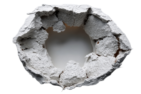 White plaster hole in wall rough texture abstract art,, isolated on a transparent background