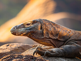 Komodo dragon enjoying heat on rocky ground in wild forest
Komodo dragon resting in sunlight on rugged terrain in nature