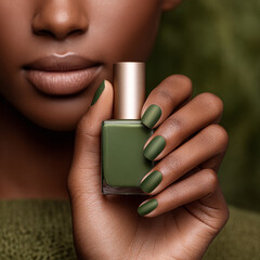 Close up of a hand with matte green nail polish holding a matching green nail polish bottle against a blurred natural background