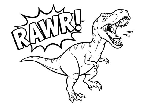 Dynamic T-Rex roaring with "RAW R!" sound effect in bold comic style, perfect for kids' themes