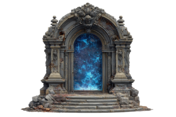 Ancient Stone Archway Blue Energy Portal Fantasy Gateway, isolated on a transparent background