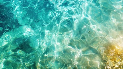Transparent blue clear water surface texture with ripples, splashes, and bubbles. Abstract summer banner background with copy space. Water waves in sunlight
