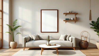 japandi studio space with mockup frame, minimal decor in neutral color palette with soft textures