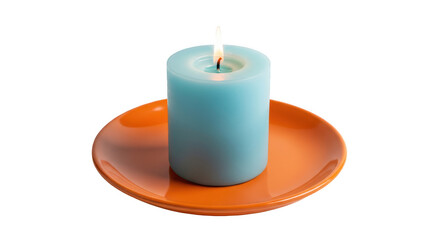 A single lit blue cylindrical candle burning brightly on a small orange ceramic dish isolated on transparent background
