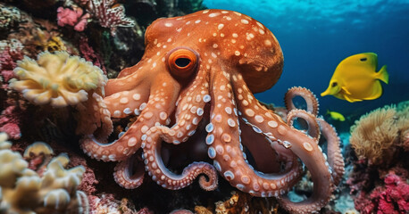 Octopus in the sea surrounded by corals