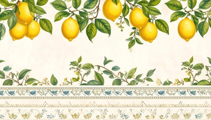 Floral lemon border design;  ripe yellow citrus fruit on branches with green leaves, beige background, decorative bottom border