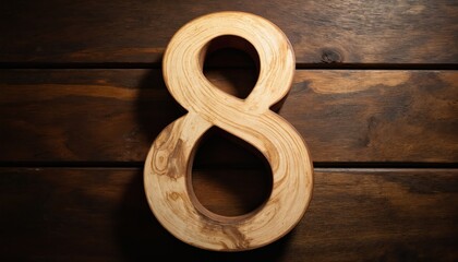 Wooden number eight carved from rich brown wood, light beige finish, set against dark wooden planks background. Simple, clean composition with emphasis on the numeral.