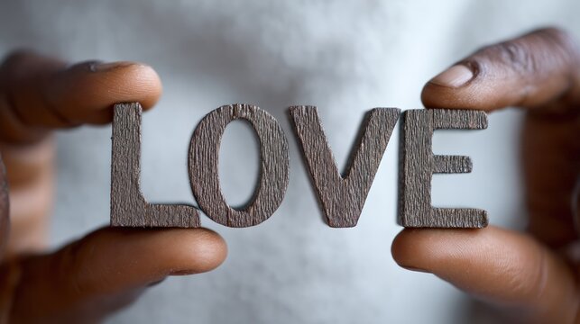 Two hands holding the word 'LOVE' in a wooden block.