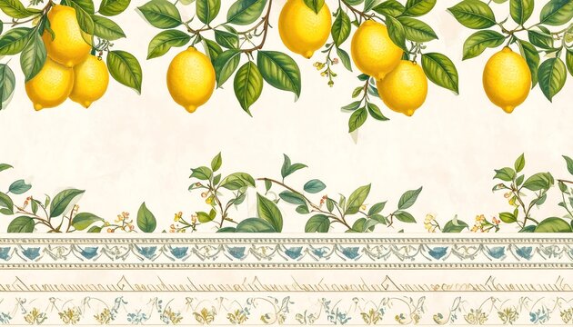 Floral lemon border design; ripe yellow citrus fruit on branches with green leaves, beige background, decorative bottom border