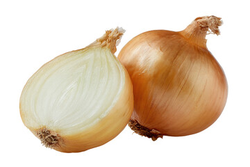 Two ripe onions one sliced showing inside layers, isolated on a transparent background