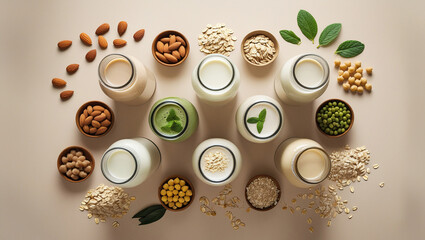 Plant milk composition with warm lighting for product presentation. Perfect for grocery ads, diet plans, and clean food photography.