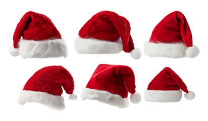 Set of red furry christmas xmas santa claus hat on transparent background cutout, PNG file.