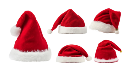 Set of red furry christmas xmas santa claus hat on transparent background cutout, PNG file.