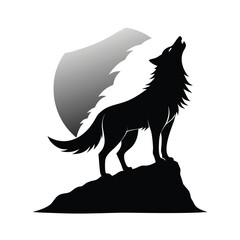 Dramatic black silhouette of a howling wolf on a cliff edge under a night sky