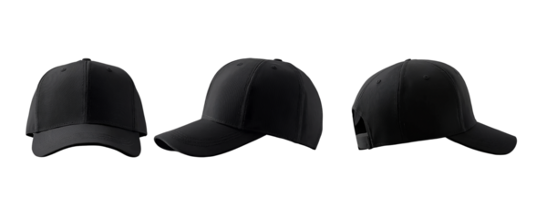 Set of black front and side view hat baseball cap on transparent background cutout,