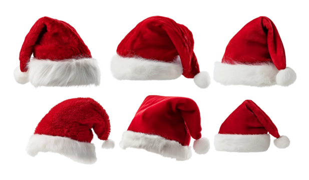 Set of red furry christmas xmas santa claus hat on transparent background cutout, PNG file. 