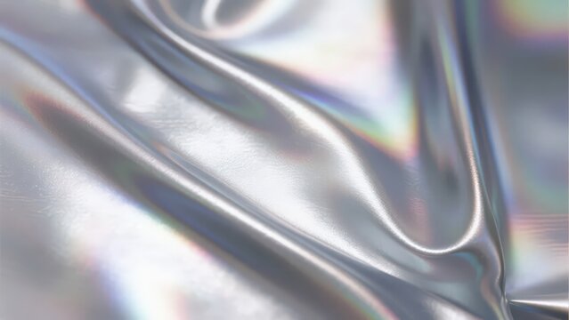Silver laser - textured silk fabric, showing flowing folds and colorful luster, with a strong sense of fashion and art.
