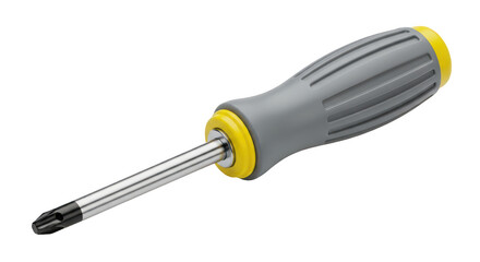Close up of a torx screwdriver with a grey and yellow ergonomic handle and a metal shaft isolated on transparent background