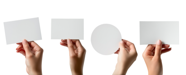 Collection set of male female hand holding blank rectangle and round circle card note paper in different angle on transparent background cutout PNG file.