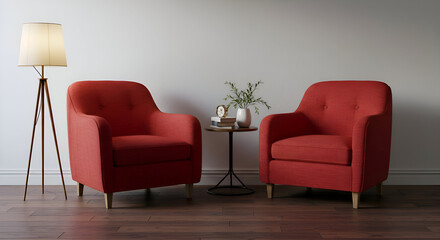 Red armchairs with a small side table in a modern living room setting. Two stylish armchairs, a small round table, and a tripod floor lamp create a comfortable and inviting interior space.