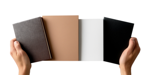 Collection set of male female hand holding blank book journal, note paper, notepad, notebook on transparent background cutout PNG file. 