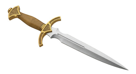 Ornate fantasy dagger with a golden hilt and intricate detailing a sharp silver blade isolated on transparent background