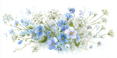 Watercolor floral bouquet illustration set. Hydrangea myosotis rose peony blue white flowers, green leaves branches collection. Wedding invitations, wallpaper, fashion, prints, fashion, templates.