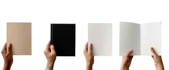 Collection set of male female hand holding blank book journal, note paper, notepad, notebook on transparent background cutout PNG file. 