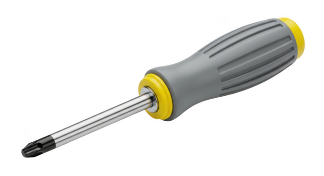 Close up of a torx screwdriver with a grey and yellow ergonomic handle and a metal shaft isolated on transparent background