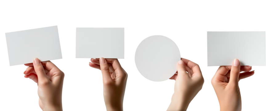 Collection set of male female hand holding blank rectangle and round circle card note paper in different angle on transparent background cutout PNG file.