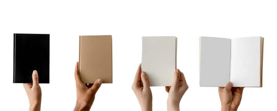 Collection set of male female hand holding blank book journal, note paper, notepad, notebook on transparent background cutout PNG file. 