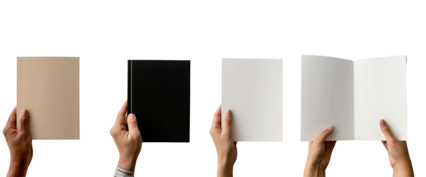 Collection set of male female hand holding blank book journal, note paper, notepad, notebook on transparent background cutout PNG file.  - Powered by Adobe