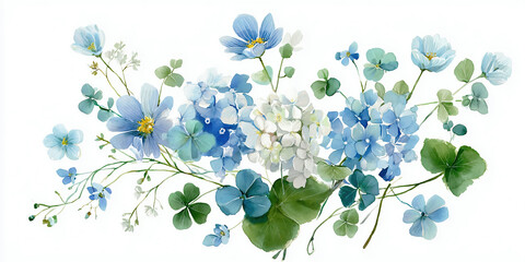 Watercolor floral bouquet illustration set. Hydrangea myosotis rose peony blue white flowers, green leaves branches collection. Wedding invitations, wallpaper, fashion, prints, fashion, templates.