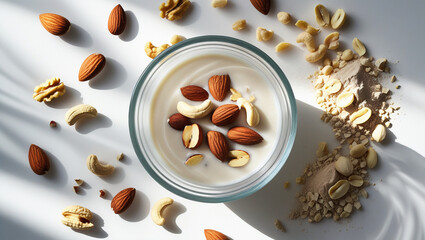 Minimalist nut milk composition with clean white background and natural light. Great for lifestyle websites, organic brands, and commercial food projects.